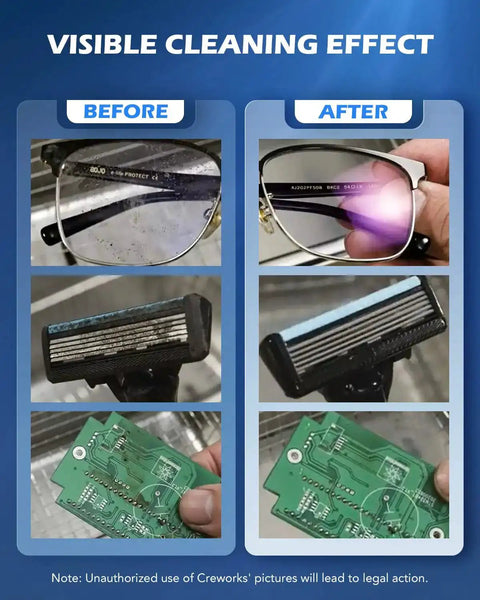 Before and after of glasses, razor, and circuit board cleaned using 6L Ultrasonic Cleaner With Degas, Heater And Digital Control, 180W Power.