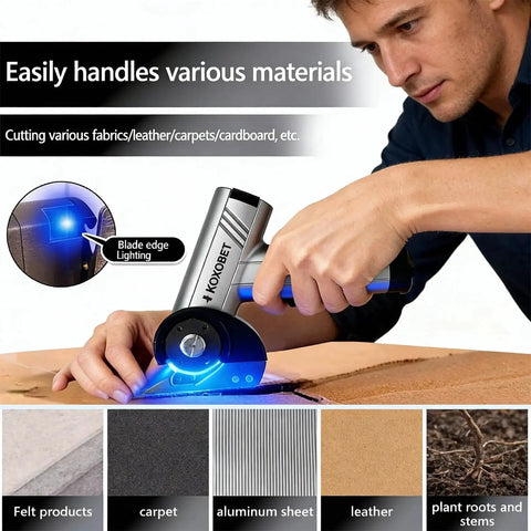 Person using Cordless Cutting Tool 4.2V with LED Display, Brushless Motor, Three Tungsten Steel Blades, Electric Chop Saw for precision cutting.