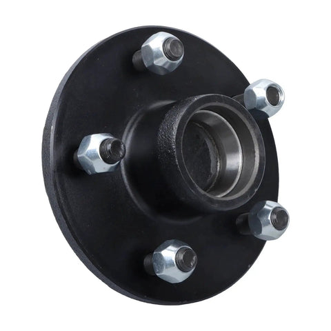 Trailer Hub Kit 5 On 4.75 Inch For 3500 Lb Axles 84 Spindle With Trailer Bearing Kit Pack Of 2 Sets Replacement For RV Boat And Utility Trailers Heavy Duty Iron Construction close-up view showing iron hub and lug nuts