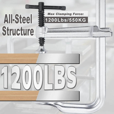 Heavy Duty F Clamps 4 Pack With 4-3/4 Inch Throat Depth, 12 Inch Opening, And 1200 Lbs Clamping Force for robust projects