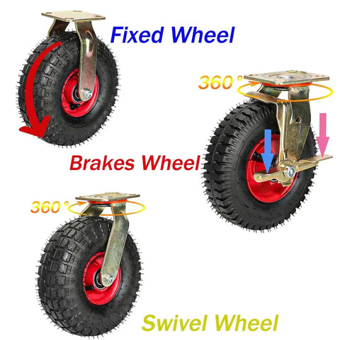 Heavy Duty Pneumatic Swivel Plate Caster With Ball Bearings And Side Brakes, 8 Or 10 Inch Industrial Casters For Outdoor Use