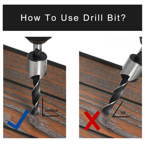 Instructions on using 7 Piece Countersink Drill Bit Set For Wood High Speed Steel Bits with correct vertical and incorrect tilted position.