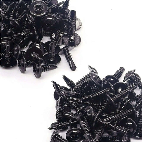 Self Tapping Metal Screws Kit Size Eight In 410 Stainless Steel Black Oxide Truss Head One Half Inch And Three Quarters Inch 100 Count