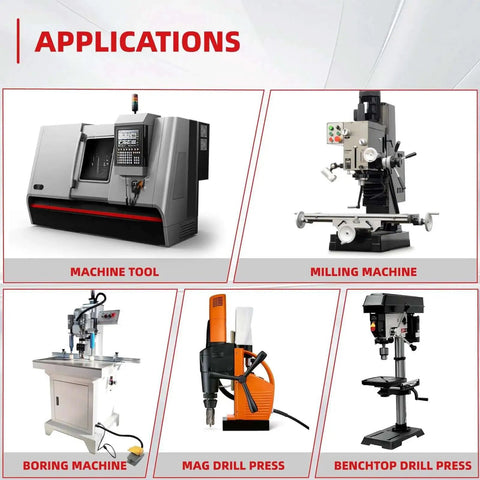 Illustration showing various machines for applications: machine tool, milling machine, boring machine, mag drill press, benchtop drill press.