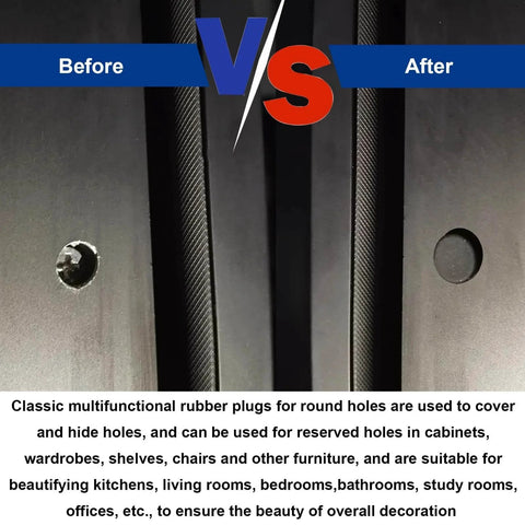 130Pcs Silicone Hole Plugs Set In Eight Sizes For Round Holes Black Rubber Plugs For Furniture Use before and after installation