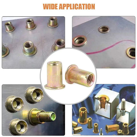 100Pcs M8 Rivet Nuts Kit Zinc Plated Carbon Steel Flat Head Threaded Inserts for Furniture and DIY Projects shown in various applications