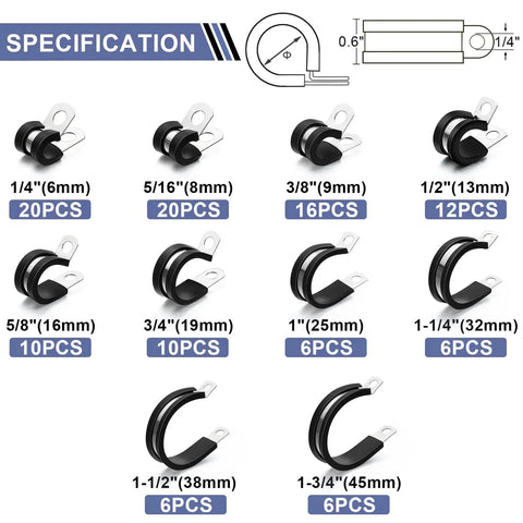 112 Piece Cable Clamps Kit Stainless Steel 304 Rubber Cushioned Assortment For Hoses Tubes Automotive Fuel Line And Wiring Ten Sizes From One Quarter Inch To One And Three Quarters Inch Anti Rust Waterproof Oil Proof Salt Resistant with size details.