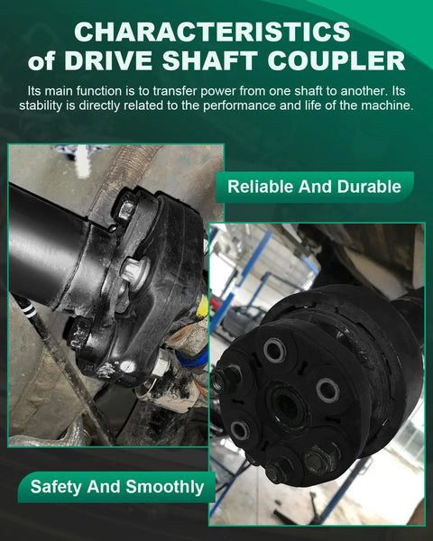 SCITOO driveshaft coupler with flex joint, black metal hub, front and side view collage.
