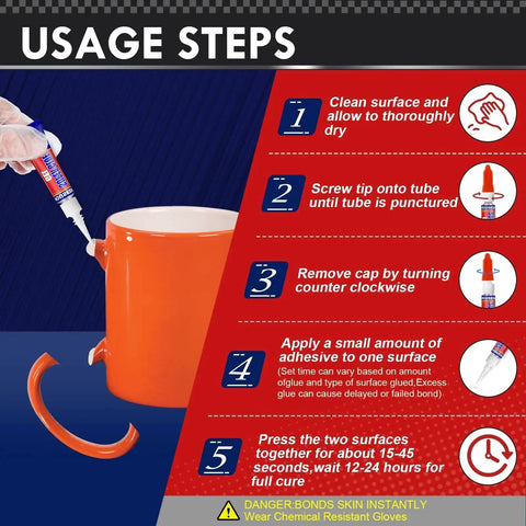 Steps to use 12 Pack 3G Gel Glue Tubes For Plastic Metal Ceramic Wood Fast Dry CA Glue on a broken ceramic mug.