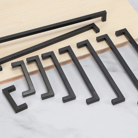 Matte Black Cabinet Handles Square Drawer Pulls 3 Inch Hole Centers Stainless Steel 10 Pack displayed on wood and marble surface