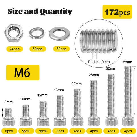 172 Piece M6 Screws And Nuts Kit With Hex Socket Bolts In 8 10 12 16 20 25 30 35Mm 304 Stainless Steel With Nuts Flat Washers