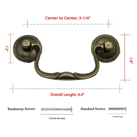 Antique Brass Cabinet Pulls Three And One Quarter Inch Center European Style Decorative Drawer Handles with dimensions and screws
