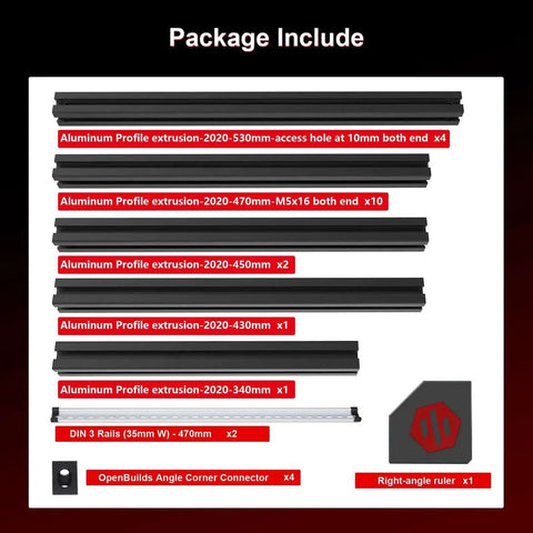 Components of 350mm Extrusion Frame Kit For 3D Printers With 2020 Aluminum Square Extrusions Anodized Black Blind Joints