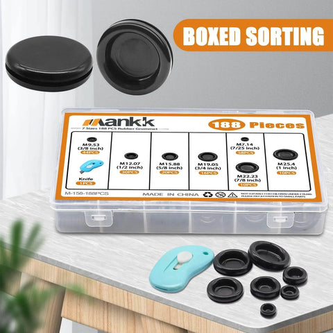 Closed Rubber Grommet Kit With Firewall Hole Plugs Assortment In Seven Sizes, kit box and knife on table