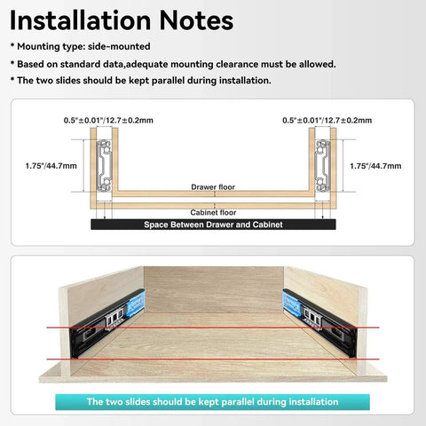 Installation guide for Push To Open Soft Close Drawer Slides Set 1 Pair Two Thirds Full Extension Side Mount, side-mounted drawer placement.