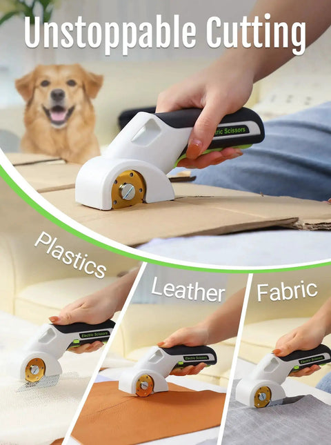 Cordless Rotary Cardboard Cutter With Titanium Coated Blade And Two Accessories 4V Electric Cutting Tool in use cutting fabric