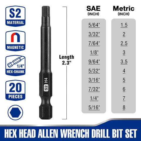 20 Piece Hex Head Allen Wrench Drill Bit Set With Magnetic S2 Steel CNC Machined Bits Metric And SAE Hex Bits One Quarter Inch Square Shank 2.3 Inch Long Driver Bits Includes Storage Box