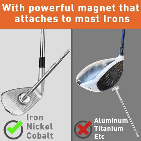 Golf Alignment Rods Swing Trainer Aid For Consistent Golf Shots shown attached to iron club, not aluminum driver.