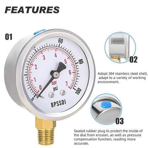 BPSSDI vacuum pressure gauge, 2.5-inch dial, 304 stainless steel case, 1/4 in. G lower mount, 100 psi