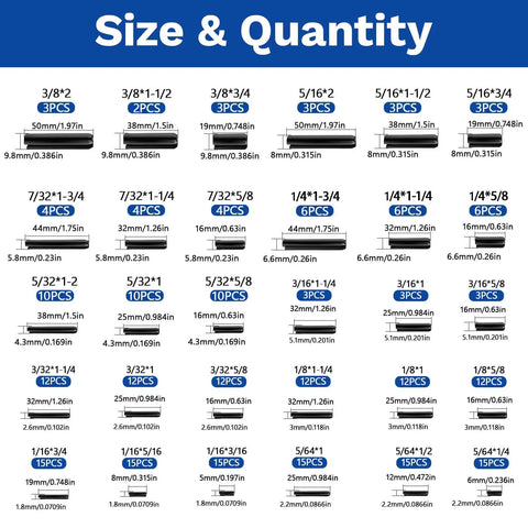 Assorted sizes of SAE Roll Pin Assortment Set, 248 Piece Set with ten sizes from one sixteenth to three eighths inch, in labeled chart