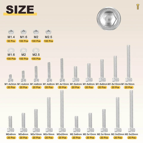 Stainless Steel Socket Head Cap Screws Kit Metallixity 1050 Pieces Pro Grade M1.4 And M1.6 With Lengths 3-16 Mm In Various Sizes Displayed