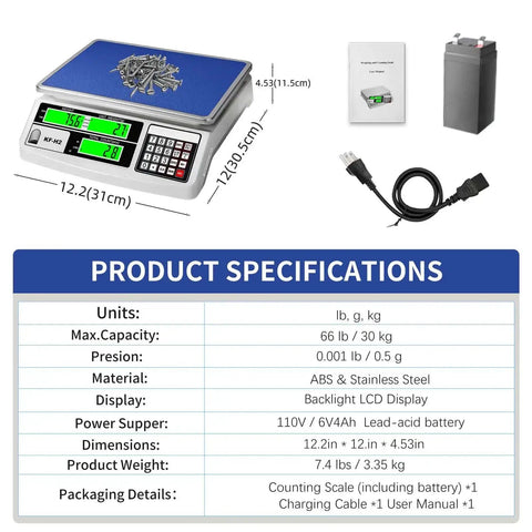 Heavy Duty Industrial Counting Scale With 30kg Capacity And 0.5g Precision For Coins And Parts Rock Solid Pro Grade Digital Scale With RS232 Port For PC Or Printer Switchable Units Kg G Lb Clear LCD Display USA Sensor For Accurate Readings, shown with LCD display, dimensions, and specifications.