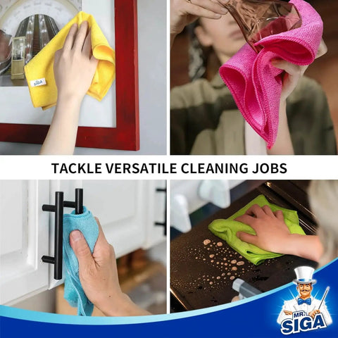 Collage of Ultra Soft Microfiber Cleaning Cloths Pack Of 24 12.6 X 12.6 Inches Scratch Free cleaning various surfaces.