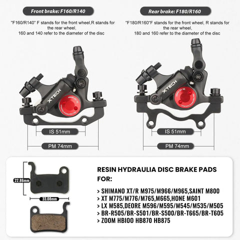 X-TECH hydraulic disc brake calipers front and rear, black with red adjustment dial for MTB bikes