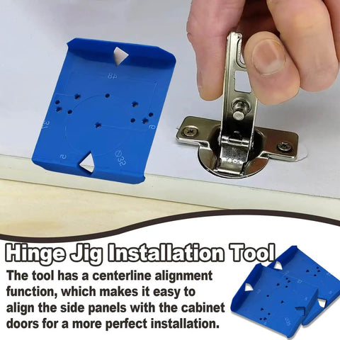 Dual size concealed hinge jig supports 35mm and 40mm hinges, delivering precise alignment with blue plastic guide and hinge piece.