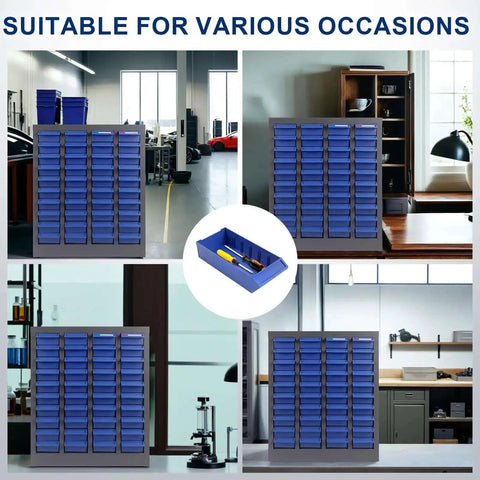 40 Drawers Parts Cabinet With Label Stickers And Bolt Nut Tool Storage, heavy-duty alloy steel and ABS drawers shown in various settings.