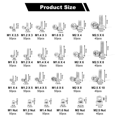 Ultra Tiny Screw Nuts Set Kit 1200Pcs Stainless Steel 304 Micro Screws M1 To M2.5 Phillips Pan Head size chart