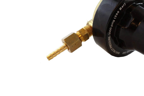 Close-up of inert gas regulator gauge hose barb adapter for nitrogen, argon, helium systems with CGA 580 inlet and 3000 psi max inlet