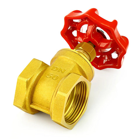 Brass 2-inch gate valve with red handwheel, female-to-female threaded connections.