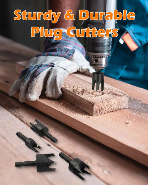 Pro Wood Plug Cutter Set for Woodworking Pros cutting a plug into wood with drill, showing straight and tapered cutters, four sizes visible.