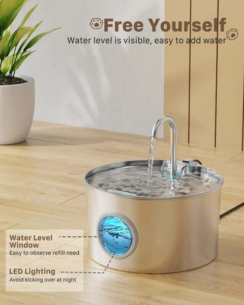 Stainless Steel Cat Water Fountain For Quiet Hydration And Easy Living, 74oz 2.2L Pet Fountain With LED light on wooden floor