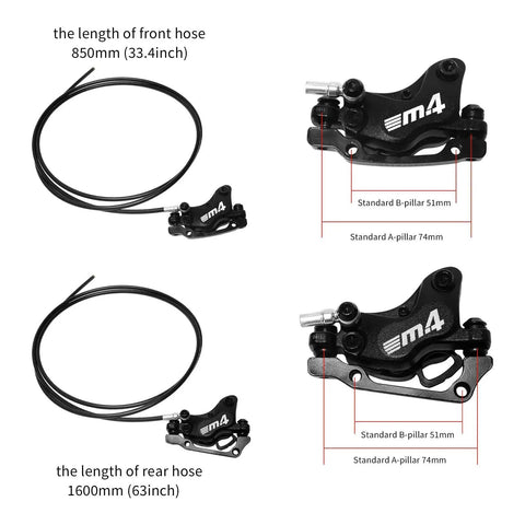 M4 4-piston hydraulic disc brake set with 850mm front and 1600mm rear hoses for e-bike MTB; pre-bled with mounting adapters