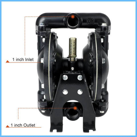 Air-operated double-diaphragm pump, black, 1 inch inlet and outlet ports, stainless steel/plastic body.