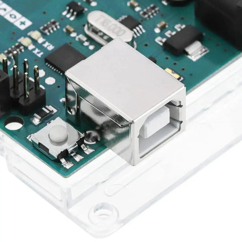 USB port close-up on Mega 2560 Rev 3 Microcontroller Board with ATmega2560, compatible for advanced projects and Pro DIY bots