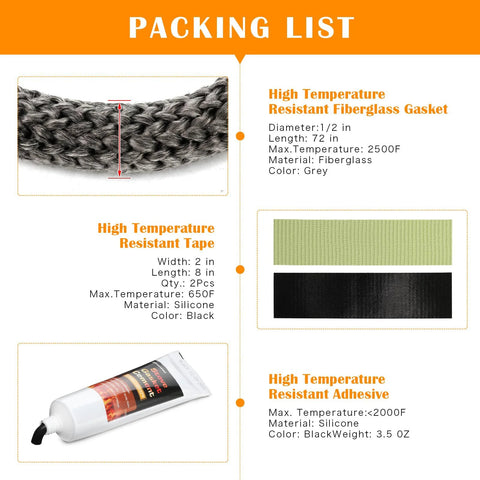 Xmasneed Wood Stove Gasket Kit: 1/2 in graphite fiberglass rope gasket, 98 in long, tape + silicone adhesive.