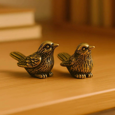 Brass Sparrow Hinge Heads Set Of Four Vintage Bird Figurines on shelf; solid brass, lifelike details, for home decor.