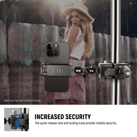 NEEWER Super Clamp with 5/8in stud, heavy-duty jaw grip for round pipes and flats, holding a smartphone on studio mount