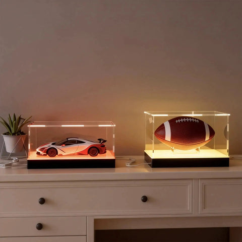 Lit Display Case With RGBW LED Lights USB Powered Switch Panel And App Control showcasing scale car model and football on a shelf