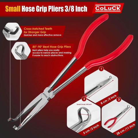 Small hose grip pliers with 3/8 inch serrated jaws, red handles, designed for accessing narrow spaces, shown with bent tip detail.