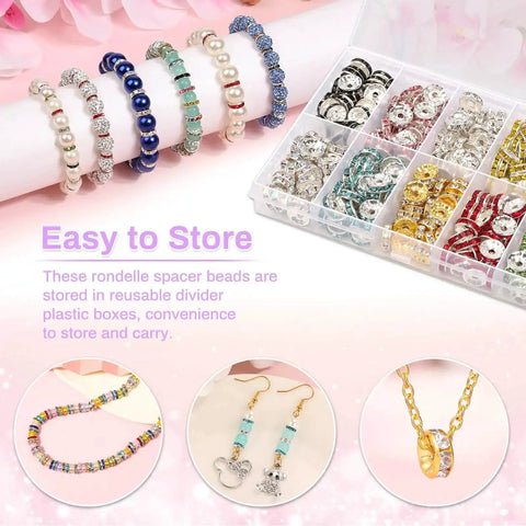 300 Pieces Rhinestone Spacer Beads Set In 10 Colors, 10mm crystal bead spacers displayed with jewelry examples and storage box