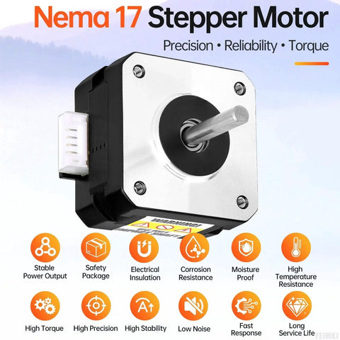 Image of Nema 17 Stepper Motor showcasing features like precision, reliability, and torque for 3D printers, CNC machines, and robots.