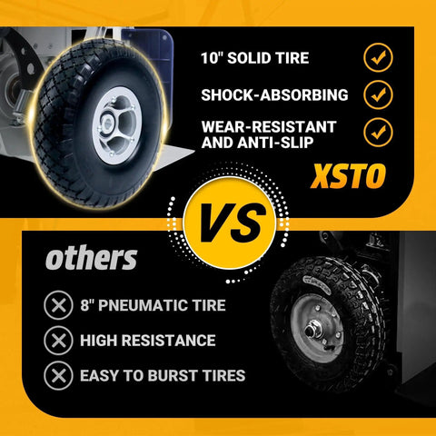 Stair-climbing cart ad for XSTO showing a 10-inch solid tire and an 8-inch pneumatic tire.