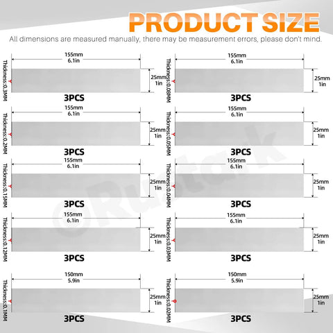 Stainless Steel Shim Stock Kit 30 Piece Set, 10 Sizes, 1 Inch Width By 6.1 Inch Length, Thickness From 0.0007 To 0.01 Inch product size image showcasing dimensions.