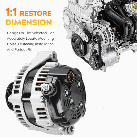 4.7L Alternator Replacement For Lexus GX470 LX470 Toyota 4Runner Sequoia Tundra And Land Cruiser 2003 2009 334-1504 210-0512 And0290 And0363 And0422 Premium Quality Aftermarket Direct Fit Plug And Play Install showing front view and installation alignment near engine model