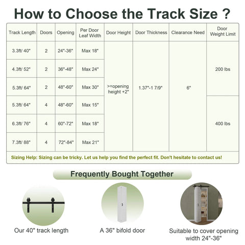 Track size guide for 40 Inch Bifold Barn Door Hardware Kit For Double 18 Inch Bifold Doors 3.3 Foot Track System