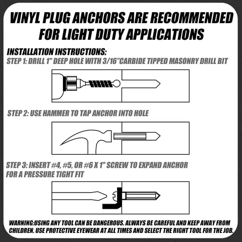 Vinyl plug anchors installation guide with steps for drilling, tapping, and securing anchors for light duty applications.